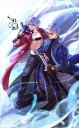  2boys abs absurdres baehee5502 bare_pectorals black_boots black_pants black_shirt blue_coat blue_eyes boots brothers chest_strap coat commentary_request dante_(devil_may_cry) devil_may_cry_(series) devil_may_cry_3 full_body highres holding holding_sword holding_weapon korean_commentary lapels long_sleeves male_focus multiple_boys open_clothes open_coat pants pectorals red_coat shirt short_hair siblings signature smoke sword twins vergil_(devil_may_cry) weapon white_hair yamato_(sword) 