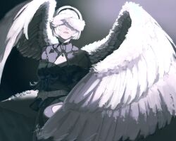  1girl 2b_(nier:automata) absurdres alternate_costume angel_wings arm_across_waist bad_id bad_pixiv_id black_background black_dress black_hairband black_pantyhose covered_eyes dress feather-trimmed_sleeves feathered_wings hairband highres mole mole_under_mouth nier:automata nier_(series) nulvilxii pantyhose pink_lips short_hair signature solo standing torn_clothes torn_pantyhose white_wings wings wings_over_eyes 