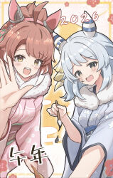  2girls ahoge animal_ears blue_kimono blush breasts brown_eyes brown_hair calligraphy calligraphy_brush checkered_ribbon commentary_request dantsu_flame_(umamusume) ear_covers ear_ribbon grey_hair hair_between_eyes hairband highres hishi_miracle_(umamusume) holding holding_calligraphy_brush holding_paintbrush horse_ears horse_girl ink ink_on_face japanese_clothes kimono large_breasts looking_at_viewer medium_breasts medium_hair multicolored_hair multiple_girls open_mouth paintbrush pink_hairband pink_kimono smile sunanuko_(ramuneko) umamusume white_hair 