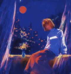  arcueid_brunestud blonde_hair city_lights cityscape commentary_request curtains dress flower fucha head_tilt highres light_smile long_dress moon red_eyes red_moon shaded_face shirt short_hair sitting tsukihime turtleneck vase white_shirt windowsill 