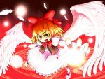  1girl armband blonde_hair bow bowtie danmaku dress energy_ball feathers fingernails foreshortening frills gengetsu hair_bow highres janas kneehighs light long_sleeves looking_at_viewer magic_circle nail_polish open_mouth outstretched_arms puffy_sleeves reaching red_background ribbon shoes short_hair solo tongue touhou touhou_(pc-98) vest white_dress white_legwear wings yellow_eyes 