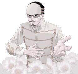  1boy absurdres black_eyes black_hair commentary dakuonpu facial_hair flower forehead_protector goatee golden_kamuy grin hair_slicked_back hashtag-only_commentary highres imperial_japanese_army jacket male_focus military_uniform reaching reaching_towards_viewer scar scar_on_face smile solo tsurumi_tokushirou upper_body white_jacket 