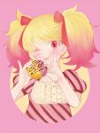  blonde_hair blush doughnut gradient_hair holding jojon multicolored_hair nail_polish original personification pink_background pink_eyes pink_hair pinky_out short_hair solo striped tongue twintails wink 