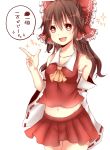  1girl bow brown_eyes detached_sleeves fang hair_bow hair_tubes hakurei_reimu long_hair midriff miko navel open_mouth pointing red_eyes skirt solo touhou translation_request white_background yamasuta 