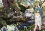 1girl aqua_hair bird biscuit black_eyes cup flower hair_ornament hatsune_miku long_hair nature parrot plate river scenery shortcake shuku solo summer_dress tea tea_cup tree twintails vocaloid water water_lily waterfall 