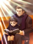  book brown_eyes brown_hair child cross fate/zero fate_(series) father_and_son kotomine_kirei kotomine_risei male multiple_boys pew priest reading shorts sitting sitting_on_lap sitting_on_person stole velvelumpileuspil young 