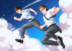  2boys ace_of_diamond belt black-framed_eyewear black_belt black_shoes blue_necktie brown_hair closed_mouth clouds collared_shirt commentary_request glasses grey_pants grey_socks grin heise_wanbaolu looking_at_viewer male_focus midair miyuki_kazuya multiple_boys necktie pants rectangular_eyewear sawamura_eijun shirt shirt_tucked_in shoes short_hair sideburns sky smile socks white_shirt 