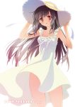  bad_id black_hair blush carnelian dress hat holding holding_hat long_hair looking_at_viewer original red_eyes smile solo sun_hat sundress white_background 