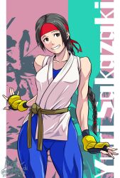  1girl braid braided_ponytail brown_eyes brown_hair commentary_request dated dougi fingerless_gloves gloves headband highres long_hair looking_at_viewer mimiyama_kiichi one_eye_closed open_mouth ryuuko_no_ken simple_background single_braid smile solo spandex the_king_of_fighters white_background yuri_sakazaki 