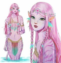  1girl alien alternate_species armlet braid braided_twintails breasts circlet collarbone colored_skin feet_out_of_frame haruno_sakura highres in_water james_cameron's_avatar jewelry loincloth long_hair multiple_views na'vi naruto_(series) navel partially_submerged pink_hair pink_lips pink_skin revealing_clothes standing string_of_pearls tail tenartistt tribal under_boob 