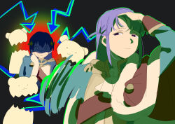  2girls absurdres afterimage arm_up arrow_(symbol) black_background black_hair blue_jacket character_cutout chinese_commentary closed_mouth commentary_request epaulettes fur-trimmed_jacket fur_trim gradient_background hair_ornament half-closed_eyes hand_on_own_forehead hand_up highres jacket jacket_on_shoulders kagura_hikari long_hair long_sleeves looking_at_another looking_at_viewer meme multiple_girls naoya_hitting_choso_without_looking_(meme) one_side_up purple_hair rapid_punches red_jacket red_sash ruffling_hair sash shaded_face shoujo_kageki_revue_starlight shoulder_sash sparkle_hair_ornament sweat takano_daidokoro tassel tsuyuzaki_mahiru upper_body violet_eyes 