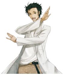 1boy adam's_apple beard_stubble belt black_belt black_hair breast_pocket brown_pants coat collarbone facial_hair game_cg grey_eyes happy highres huke lab_coat lapels leather_belt long_sleeves looking_at_viewer male_focus messy_hair non-web_source notched_lapels object_in_pocket official_art okabe_rintarou open_mouth outstretched_crossed_arms pants pen_in_pocket pocket ringed_eyes science_adventure shirt shirt_partially_tucked_in smile solo sprite steins;gate steins;gate:_linear_bounded_phenogram stubble t-shirt teeth tongue white_coat white_shirt 