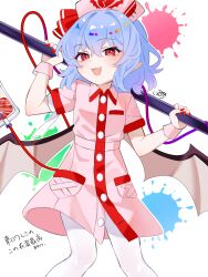  1girl :3 absurdres alternate_costume alternate_headwear bat_wings blood blood_bag blue_hair blush breasts collared_dress dress fang fingernails hat highres homura_(homura_me) long_fingernails looking_at_viewer medium_hair nurse nurse_cap open_mouth paint_splatter pantyhose pink_hat pointy_ears red_eyes red_nails remilia_scarlet remilia_scarlet_(bloody_nurse) short_sleeves signature small_breasts smile solo touhou touhou_lostword translation_request white_pantyhose wings 