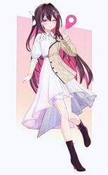  1girl ;) arm_at_side ascot asymmetrical_sidelocks azki_(4th_costume)_(hololive) azki_(hololive) black_boots blush boots bracelet braid brown_hair brown_jacket closed_mouth collared_dress colored_inner_hair double-parted_bangs dress facial_mark full_body gold_bracelet gradient_clothes gradient_dress grey_dress hair_between_eyes hair_intakes hair_ornament hairclip half_up_half_down_braid hashtag-only_commentary high-low_dress high_heel_boots high_heels highres holding_map_pin hololive jacket jewelry kasoku_sato knee_boots long_hair looking_at_viewer map_pin mole mole_under_eye multicolored_hair nail_polish one_eye_closed pink_dress pink_hair pink_nails pink_streaks ponytail puffy_sleeves short_ponytail sidelocks skirt skirt_under_dress smile solo streaked_hair striped_clothes striped_dress three-quarter_sleeves v-shaped_eyebrows vertical-striped_clothes vertical-striped_dress very_long_hair violet_eyes virtual_youtuber white_ascot white_dress white_skirt white_streaks 