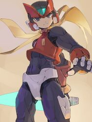  1boy absurdres armor black_eyes blonde_hair commentary_request cowboy_shot energy_sword forehead_jewel helmet highres holding holding_sword holding_weapon mega_man_(series) mega_man_zero_(series) omochi_(mochi_skymega) red_armor red_helmet simple_background solo sword weapon z_saber zero(z)_(mega_man) zero_(mega_man) 