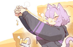  1girl ahoge animal_ear_fluff animal_ears breasts cat_ears cat_girl cat_tail cheese cheese_trail closed_eyes cocomayo29_(tomato) commentary_request fluffy_hair food highres holding holding_food hololive hood hoodie korean_commentary large_breasts long_sleeves nekomata_okayu nekomata_okayu_(1st_costume) onigirya_(nekomata_okayu) puffy_sleeves purple_hair tail virtual_youtuber 
