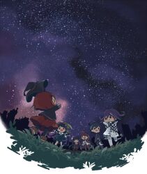  3boys 3girls ahoge arms_behind_head belt black_eyes black_hair black_hat black_jacket black_pants black_pantyhose black_scarf black_shoes black_skirt blazer blue_gem blue_serafuku blue_shirt blue_skirt blunt_ends blush_stickers bob_cut boots border bow bowtie brown_belt brown_boots buttons chabashira_tenko checkered_clothes checkered_scarf chibi closed_mouth coat coat_partially_removed collared_jacket danganronpa_(series) danganronpa_v3:_killing_harmony double-breasted eyelashes facial_hair flame_print floating_clothes floating_hair floral_print frilled_skirt frills from_behind gem gem_hair_ornament goatee grass green_bow hair_between_eyes hair_bow hair_ornament hair_ribbon hair_scrunchie hairband hairclip hand_on_own_hip happy harukawa_maki hat hat_belt hat_loss high_collar hitofutarai jacket kneehighs long_hair_between_eyes long_sleeves low_twintails miniskirt mole mole_under_eye momota_kaito multicolored_buttons multiple_boys multiple_girls night oma_kokichi open_belt open_clothes open_jacket open_mouth outdoors pants pantyhose pink_hairband pinstripe_jacket pinstripe_pants pinstripe_pattern pleated_skirt pocket pointing pointing_up print_bow print_shirt purple_coat purple_hair purple_pants purple_sky red_hair red_scrunchie red_shirt red_skirt red_thighhighs ribbon saihara_shuichi scarf school_uniform scrunchie serafuku shirt shoes short_hair skirt skirt_set sky skyline sleeve_cuffs sleeves_past_wrists socks solid_oval_eyes space_print spiky_hair standing star_(sky) starry_sky starry_sky_print thigh-highs thigh_belt thigh_strap torn_clothes torn_jacket twintails two-sided_coat two-sided_fabric two-tone_scarf white_belt white_border white_bow white_bowtie white_jacket white_pants white_ribbon white_scarf white_shirt white_socks wind witch_hat yumeno_himiko 