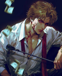  1boy alternate_costume belt_buckle black_pants blonde_hair blood blood_on_chest blood_on_face buckle closed_mouth collared_shirt commentary_request dio_brando highres holding holding_riding_crop jojo_no_kimyou_na_bouken looking_at_viewer lu_cy_6 male_focus money motion_blur muscular muscular_male necktie pants pectoral_cleavage pectorals phantom_blood red_eyes red_necktie riding_crop shirt short_hair solo undone_necktie white_shirt 