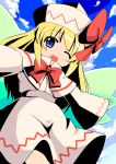  blonde_hair blue_eyes bow hat highres kamelie lily_white open_mouth outstretched_arms skirt skirt_set smile solo touhou wide_sleeves wings 