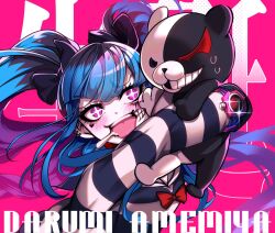  +_+ 1girl :d amemiya_darumi black_bow black_hair blue_hair blush bow bracelet character_name commentary creator_connection crossover danganronpa_(series) drooling facial_mark hair_bow heart heart_facial_mark highres hug jewelry kyokugen_dasshutsu kyokugen_dasshutsu:_9_jikan_9_nin_9_no_tobira long_hair makeup monokuma multicolored_hair nota_sayaka pink_background pink_eyes red_bow shirt smile striped_clothes striped_shirt sweat the_hundred_line_-last_defense_academy- twintails 