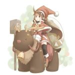  :&lt; ahoge bell boots brown_eyes brown_hair capelet hair_ornament hairclip hat kiddie_ride long_hair nabana original parking_meter reindeer riding sack santa_costume santa_hat solo thigh-highs thigh_boots thighhighs 