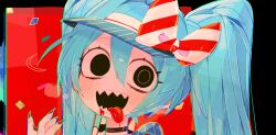  1girl black_choker black_eyes blue_hair bow choker commentary_request double-parted_bangs hair_between_eyes hat hat_bow hatsune_miku highres long_hair looking_at_viewer mesmerizer_(vocaloid) mismatched_pupils open_mouth portrait red_background red_bow sharp_teeth smile solo striped_bow teeth tongue tongue_out twintails usa37107692 visor_cap vocaloid 