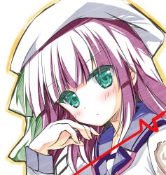  1girl :/ angel_beats! asahina_yori beret blunt_bangs blush closed_mouth colored_eyelashes commentary eyes_visible_through_hair frown green_eyes green_ribbon hair_ribbon hand_up hat highres long_sleeves looking_at_viewer medium_hair nakamura_yuri outline purple_hair ribbon shikishi shinda_sekai_sensen_uniform shirt sidelocks simple_background sketch solo upper_body white_background white_hat white_shirt yellow_outline 