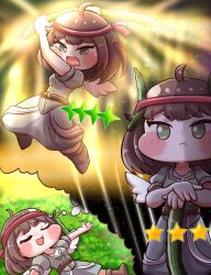  1girl :< ahoge belt blue_skirt blush boots brown_belt brown_boots brown_hair chibi chibi_only closed_eyes cucumber detached_wings dreaming feathered_wings four-pointed_star full_body glowing glowing_weapon green_eyes green_shirt headband highres holding holding_weapon jumping kekewan kyuri_(trickcal) looking_at_viewer lying medium_hair multiple_views on_back open_mouth puffy_short_sleeves puffy_sleeves red_headband shirt short_sleeves skirt smile speech_bubble star_(sky) star_(symbol) starry_sky_background thought_bubble trickcal v-shaped_eyebrows weapon white_wings wings 