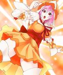  adapted_costume alternate alternate_costume boots breasts choker cleavage costume cure_sunny cure_sunny_(cosplay) detached_sleeves dress hat highres hissa_yossa magical_girl obi open_mouht open_mouth orange_dress pink_hair precure red_eyes saigyouji_yuyuko short_hair smile_precure! solo standing thigh-highs thigh_boots thighhighs touhou triangular_headpiece white_legwear 