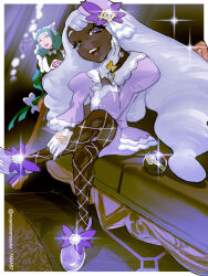  2girls blurry border commentary couch crossed_legs dark-skinned_female dark_skin dress fishnet_pantyhose fishnets glove_bow gloves green_hair hand_up head_rest headdress highres jacinthe_(pokemon) lebanne_(pokemon) long_hair long_sleeves luxury_ball mayotsunamayo multiple_girls outside_border pantyhose peeking_out poke_ball pokemon pokemon_legends:_z-a puffy_sleeves purple_shoes shoes sitting sparkle tilted_headwear white_border white_gloves 