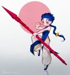  blue_hair chibi chinese_clothes earrings fate/stay_night fate_(series) gae_bolg jewelry lancer long_hair male medemoisellecu polearm ponytail red_eyes refection reflection simple_background slippers smile solo spear weapon 