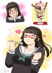  1girl :d black_hair blush breasts brown_eyes chiaki_kurihara chibi chibi_inset eating endou_mami food food_on_face glasses hands_on_own_cheeks hands_on_own_face happy heart hime_cut hokuto_(tokuho) long_hair maid_headdress miniskirt_pirates multiple_girls open_mouth parfait red-framed_glasses school_uniform serafuku smile solo spoon truth 