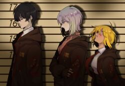  1boy 2girls bags_under_eyes black_hair black_jacket black_pants blonde_hair brown_sweater closed_eyes closed_mouth collared_shirt commentary company_name cropped don_quixote_(project_moon) english_commentary faust_(project_moon) from_side hair_between_eyes hand_on_own_arm height_chart highres hood hood_down hooded_jacket jacket lce_clothes_(project_moon) limbus_company long_sleeves looking_down looking_up multiple_girls necktie official_alternate_costume open_clothes open_jacket pants project_moon red_necktie shirt short_hair sweater unower_s white_hair white_shirt yi_sang_(project_moon) 