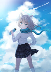  1girl :o absurdres animal_ear_fluff animal_ears backlighting black_skirt blue_archive blue_eyes blue_halo blue_scarf blue_sky blush bright_pupils clouds commentary_request cumulonimbus_cloud feet_out_of_frame floating_hair floating_scarf from_behind grey_hair hair_between_eyes halo hand_up highres ice_night328 kneehighs long_sleeves looking_at_viewer looking_back medium_hair miniskirt mismatched_pupils open_mouth plaid_clothes plaid_skirt pleated_skirt scarf shiroko_(blue_archive) shirt skirt sky sleeves_rolled_up slit_pupils socks solo standing sweatdrop white_pupils white_shirt white_socks wind wolf_ears wolf_girl 