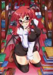  bat_wings bespectacled black_legwear blush book bookshelf demon_tail demon_wings glasses ikue_fuuji kneeling koakuma library long_hair looking_at_viewer pointy_ears red_eyes red_hair redhead solo tail thigh-highs thighhighs touhou voile wings 