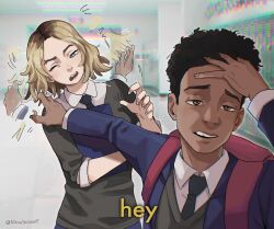  1boy 1girl absurdres adjusting_hair afterimage blonde_hair dark-skinned_male dark_skin dashi_(dashiart) gwen_stacy hair_slicked_back hand_in_own_hair hand_on_own_head highres marvel meme miles_morales motion_blur naoya_hitting_choso_without_looking_(meme) parody scene_reference smear_frame spider-man:_into_the_spider-verse spider-man_(series) spider-verse 