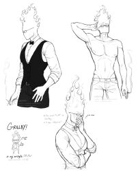  1boy 2023 2d absurdres artist_name bartender black_bowtie black_pants black_vest blush bowtie character_name cigarette commentary covering_mouth digital_media elemental_(creature) english_commentary english_text fire_elemental flaming_head glasses grillby highres holding_cigarette humanoid ivy_(skeletonsisters38828) long_sleeves male male_focus male_only monochrome monster monster_boy multiple_views navel no_mouth pants papyrus_(font) pectorals shirt solo text toned toned_male topless topless_male tumblr_username twitter_username undertale uniform utdr_(toby_fox) vest watermark 