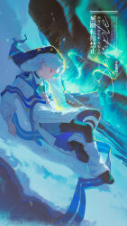  1girl absurdres aurora bushi_feichai_qishi closed_eyes closed_mouth coat eyelashes full_body hat highres image_sample jewelry leg_warmers long_hair long_sleeves mihuashi_sample mountain necklace night nightcap original outdoors parted_bangs sample_watermark sitting sky sleeping snow solo star_(symbol) watermark white_coat white_hair white_leg_warmers 