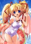  absurdres blonde_hair blue_eyes blush calendar copyright_request goggles hair_ribbon highres huge_filesize innertube komatsu_eiji long_hair one-piece_swimsuit outdoors ribbon school_swimsuit shiny shiny_clothes smile solo swimsuit towel twintails water 