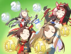  >_< 4girls absurdres almond_eye_(umamusume) armpits blurry blurry_background chrono_genesis_(prismatic_curator)_(umamusume) chrono_genesis_(umamusume) closed_eyes closed_mouth collarbone commentary_request gameplay_mechanics gran_alegria_(smile_my_way!)_(umamusume) gran_alegria_(umamusume) green_background highres horse_girl long_hair loves_only_you_(9927_wishes)_(umamusume) loves_only_you_(umamusume) medium_hair meme multiple_girls naoya_hitting_choso_without_looking_(meme) open_mouth portrait red_hair s3_(user_nppn5755) simple_background umamusume 