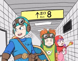  1girl 2boys @_@ aviator_cap blue_eyes blue_tunic brown_gloves commentary_request dragon_quest dragon_quest_ii dress gloves goggles goggles_on_head green_tabard hallway highres holding holding_scepter holding_shield lee_(dragon_garou) multiple_boys open_mouth orange_gloves orange_hair parody pink_dress pouch prince_of_lorasia prince_of_samantoria princess_of_moonbrook purple_hair scepter sheath shield sweat sweatdrop tabard the_exit_8 tunic v-shaped_eyebrows violet_eyes wavy_mouth 