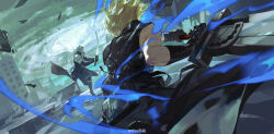  2boys absurdres black_gloves blonde_hair building commentary_request fighting fighting_stance final_fantasy final_fantasy_vii floating_hair gloves highres holding holding_sword holding_weapon incredibly_absurdres multiple_boys muscular muscular_male outdoors sephiroth ss_xixi standing standing_on_one_leg sword watermark weapon weibo_watermark white_hair zack_fair 