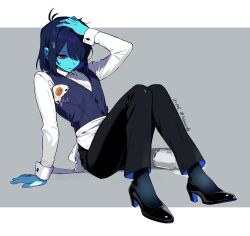 1other ahoge alternate_costume apron black_pants black_shoes blue_hair blue_skin blue_vest colored_skin commentary deltanoodle deltarune dress_pants dress_shirt egg english_commentary food_on_clothes grey_background hand_on_own_head high_heels knees_together_feet_apart kris_(cooking_show)_(deltarune) kris_(dark_world)_(deltarune) kris_(deltarune) official_alternate_costume pants pantyhose_under_pants red_eyes see-through_pantyhose shirt shoes signature sitting solo spilled_milk sweatdrop utdr_(toby_fox) vest waiter white_apron white_shirt