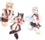  :o animal_ears black_hair blonde_hair blue_eyes blush brown_eyes cat_ears cat_tail fang fate/zero fate_(series) hisau_maiya irisviel_von_einzbern jumping long_hair multiple_girls nicohi open_mouth original paw_pose saber school_uniform short_hair silver_hair skirt smile tail 