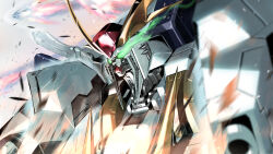 absurdres battle commentary exhaust funnels_(gundam) glowing glowing_eyes green_eyes gundam gundam_hathaway's_flash highres kyo_(0155498) mecha missile mobile_suit no_humans robot science_fiction solo upper_body v-fin xi_gundam 