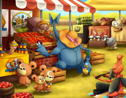  :3 apple apron arboliva artist_name baguette barrel basket beedrill bottle bread buck_teeth character_name closed_eyes closed_mouth clothed_pokemon commentary crate ditto english_commentary english_text fangs fidough food foongus fruit grass greedent green_apron hat heracross highres holding holding_basket holding_bread holding_food holding_instrument holding_jar holding_vegetable holding_violin honey instrument jar karrablast kricketune market morelull mushroom music onion open_mouth outdoors paras playing_instrument pokemon pokemon_(creature) pokemon_focus potato pumpkin seedot signature sitting smile smoliv staryu straw_hat sun_hat teddiursa teeth thecalendork tomato transformed_ditto vegetable violin violin_case watermark weedle wheat_field 