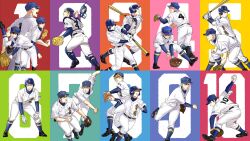  6+boys absurdres ace_of_diamond aqua_background arm_up asou_takeru ass bald ball baseball baseball_(object) baseball_bat baseball_cap baseball_helmet baseball_mitt baseball_uniform belt black_belt black_hair black_shoes blonde_hair blue_background blue_socks brothers brown_hair catcher's_mask catcher_(baseball) chest_protector chinese_commentary closed_mouth commentary_request compression_shirt facial_hair feet_out_of_frame flying_sweatdrops foot_out_of_frame from_behind full_body furuya_satoru gloves goatee_stubble goggles green_background grin hair_between_eyes hat heise_wanbaolu helmet highres holding holding_ball holding_baseball_bat isashiki_jun kawakami_norifumi kominato_haruichi kominato_ryousuke kuramochi_youichi layered_sleeves long_sleeves looking_ahead looking_at_viewer looking_up maezono_kenta male_focus mask miyuki_kazuya multiple_boys multiple_views narumiya_mei number_background number_print open_mouth orange_background pants pink_background pink_hair pitching purple_background red_background running sakai_ichirou sawamura_eijun shin_guards shirasu_kenjirou shirt shirt_tucked_in shirt_under_shirt shoes short_hair short_over_long_sleeves short_sleeves siblings sideburns simple_background smile socks socks_over_pants sportswear standing standing_on_one_leg stubble sweat swinging_baseball_bat tanba_kouichirou teeth toujou_hideaki unworn_mask white_gloves white_pants white_shirt yellow_background 