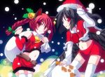  animal_ears bell black_wings bow braid cat_ears christmas detached_sleeves fang fuji_tooya hair_bow hat kaenbyou_rin long_hair midriff miniskirt multiple_girls navel radiation_symbol red_eyes red_hair redhead reiuji_utsuho sack santa_costume skirt slit_pupils snow symbol-shaped_pupils thigh-highs thighhighs third_eye touhou twin_braids white_legwear wings zettai_ryouiki 