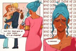  1boy 2girls absurdres angry bikini bikini_top_only blonde_hair blue_eyes blue_pants dark-skinned_female dark_skin green_bikini highres hug looking_at_viewer multiple_girls nami_(one_piece) nefertari_vivi one_piece orange_hair pants sanji_(one_piece) shabexzart swimsuit text_background wet 
