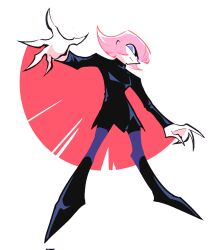  1girl blue_eyes boned-woo cape fingernails full_body gundam haman_karn highres outstretched_arm outstretched_hand pink_hair red_cape sharp_fingernails short_hair smile solo standing zeta_gundam 